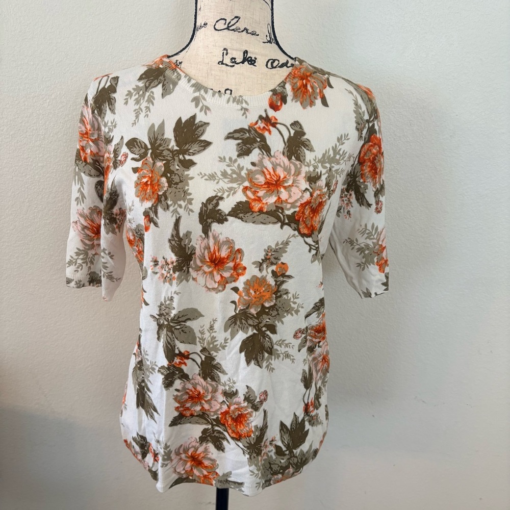 Premise Cream Short-Sleeve Top with Orange Floral Print